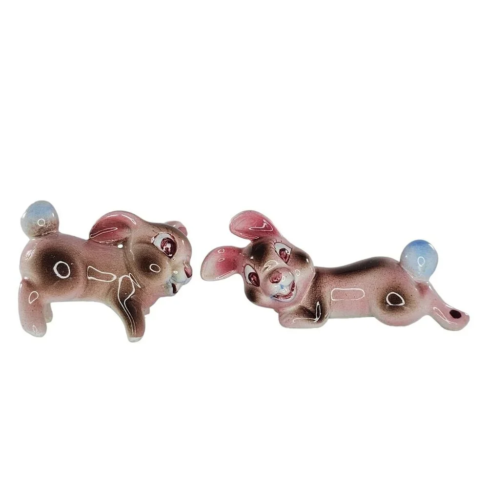 Vintage Pink Bunny Rabbit Salt Pepper Shaker Set Figurines Ceramic Japan *Repair - Picture 4 of 12